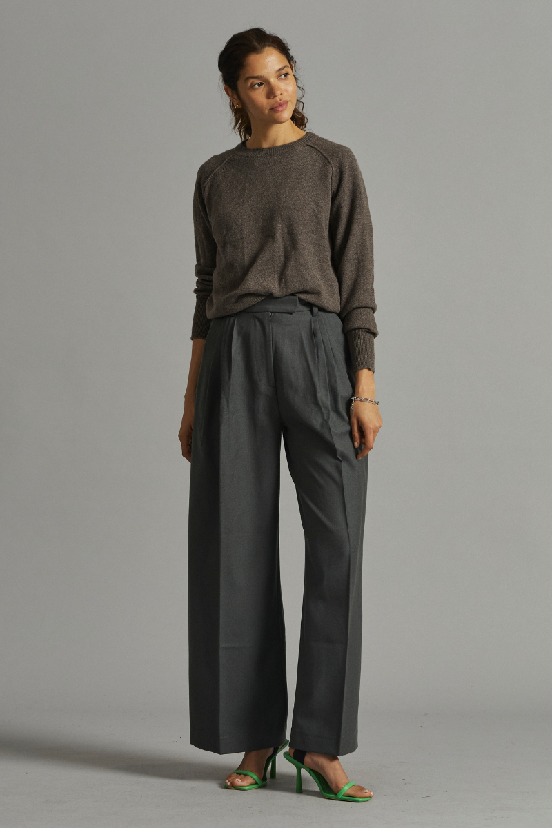 Khaki Emili Wool Pleated Pants