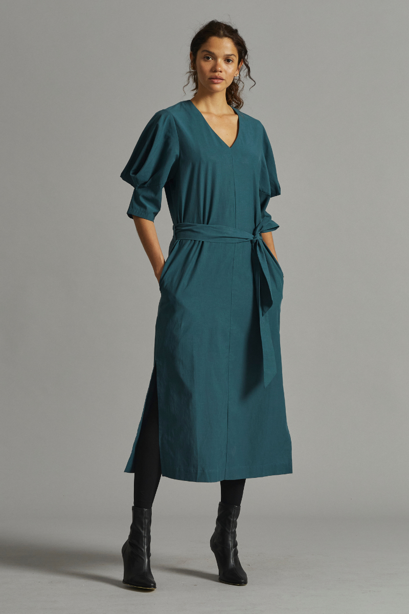 Rich Teal Origami Cotton Tencel Dress