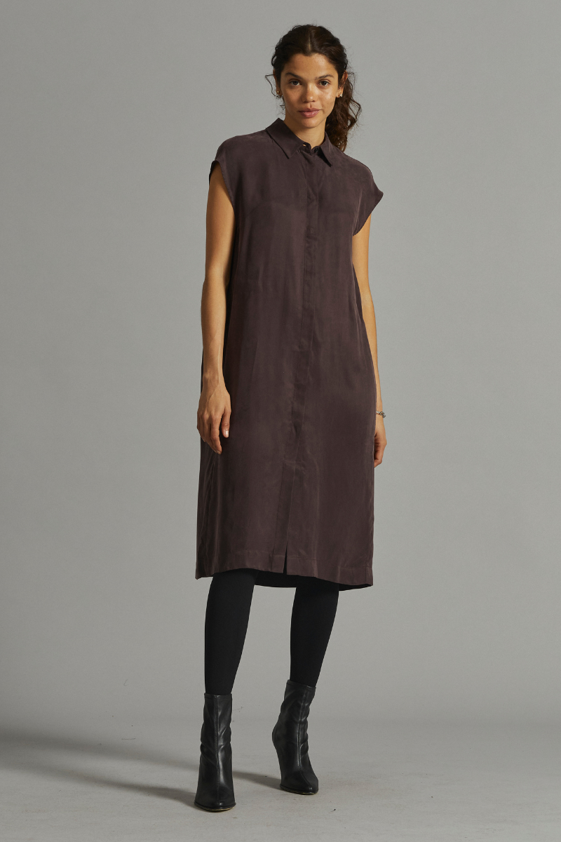 Chocolate Alpha Midi Cupro Viscose Shirt Dress