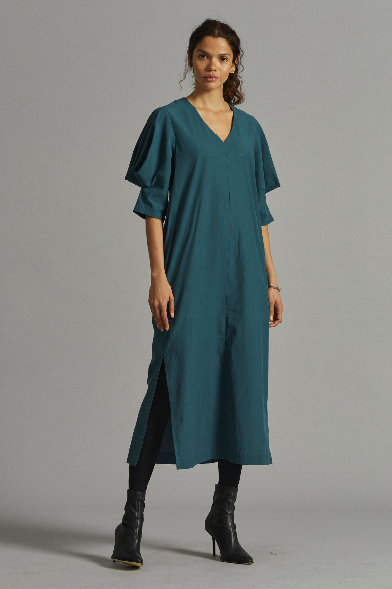 Rich Teal Origami Cotton Tencel Dress