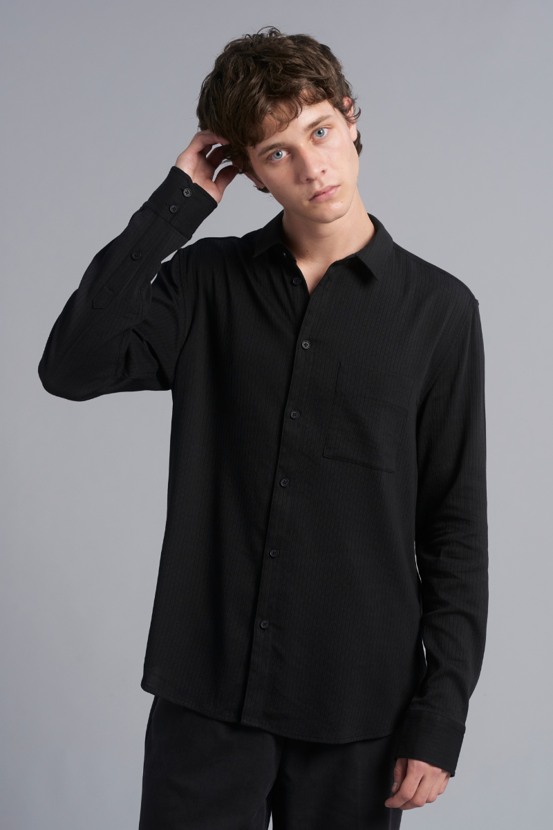 Black Bedford Textured Cotton Shirt