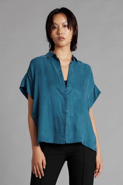 Teal Lotus Button Cupro Shirt