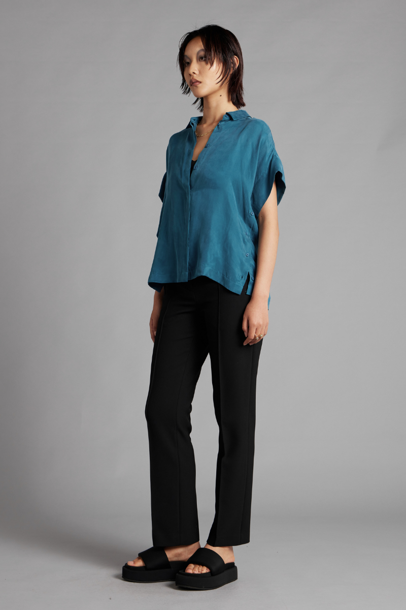 Teal Lotus Button Cupro Shirt