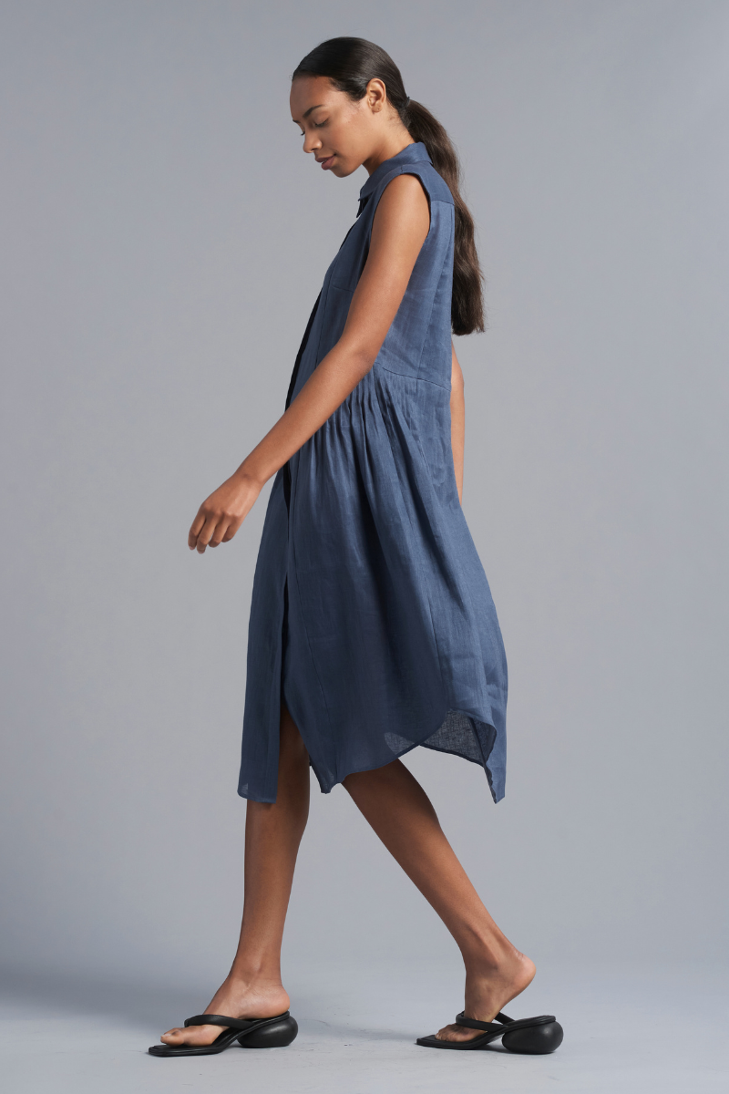 Storm Blue Onda Pintuck Linen Shirtdress