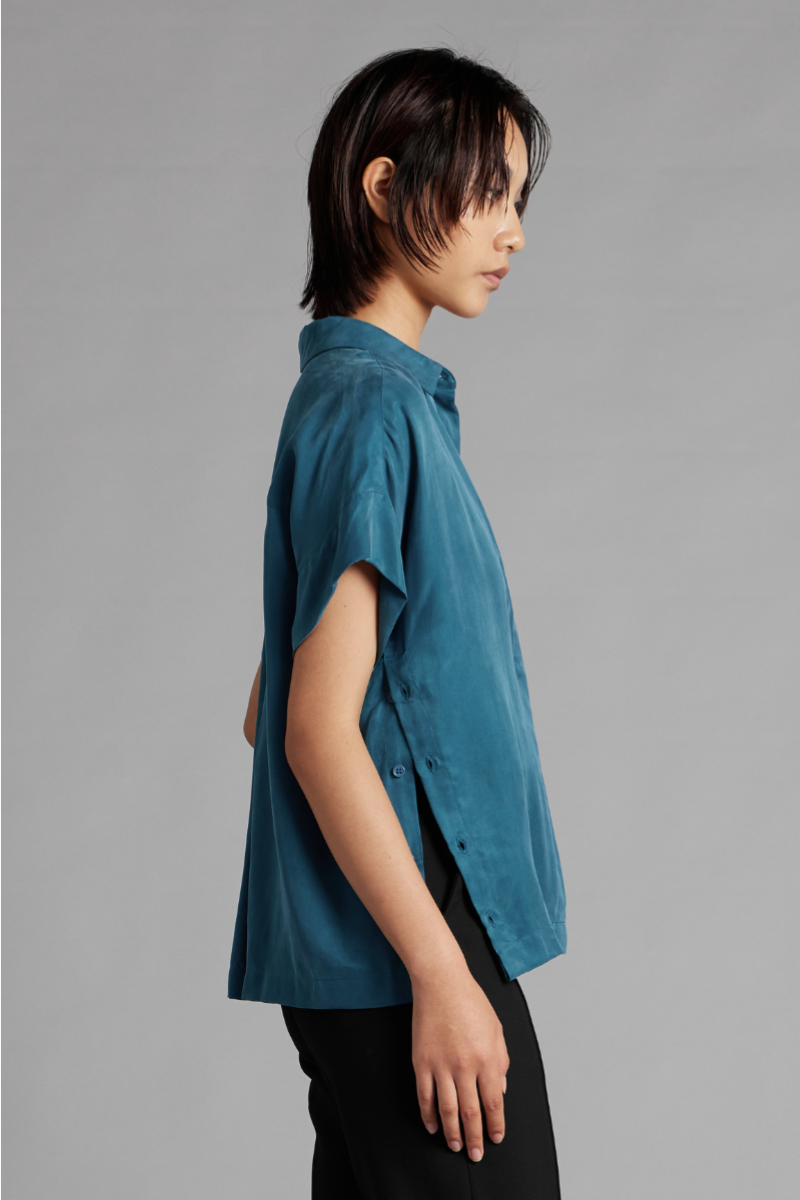 Teal Lotus Button Cupro Shirt