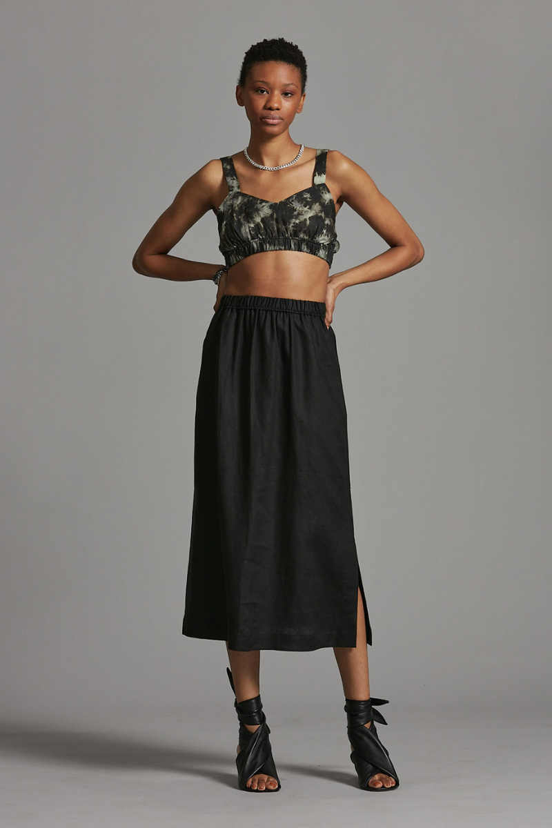 Black Connie Linen Midi Skirt