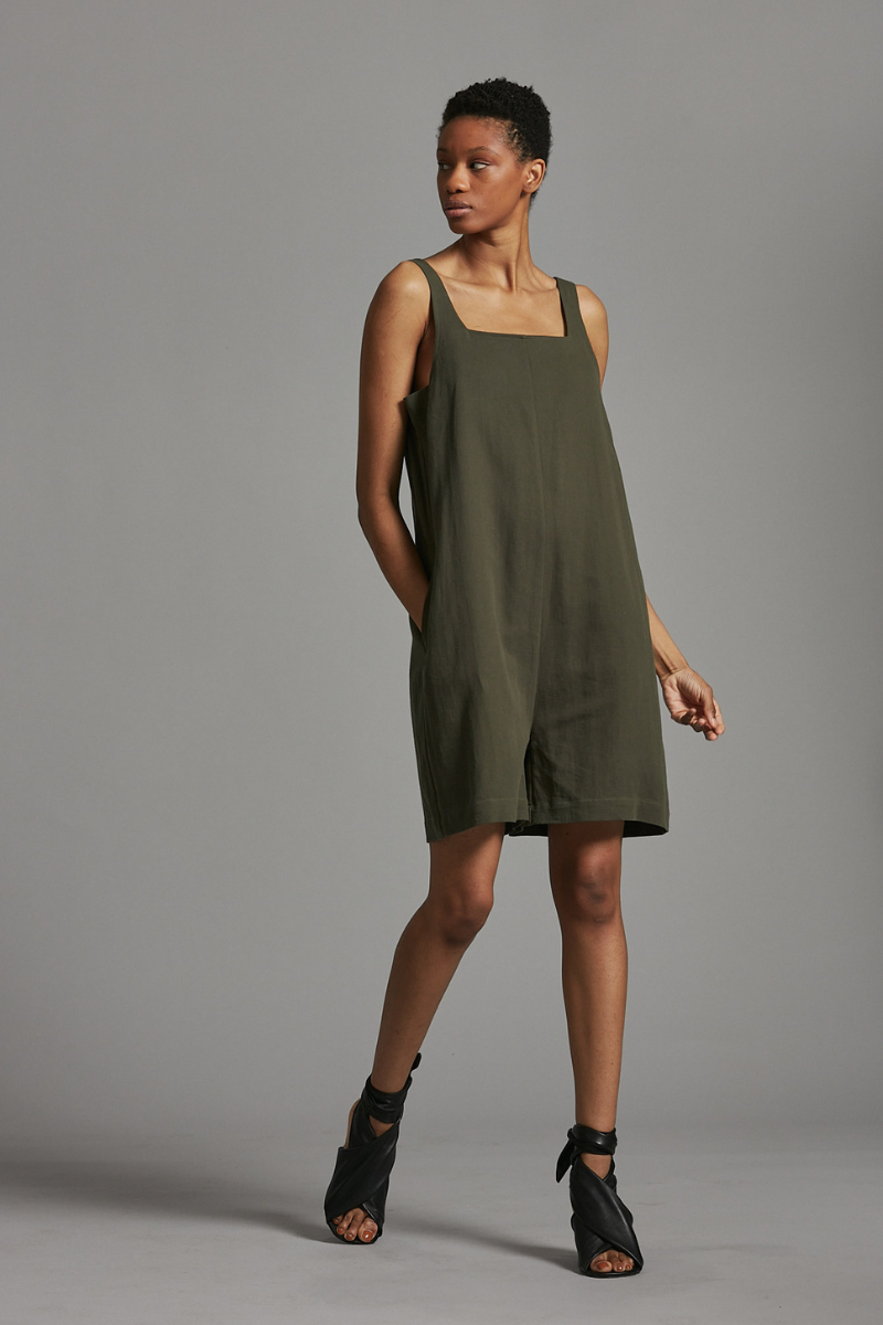 Khaki Safi Linen Cotton Playsuit