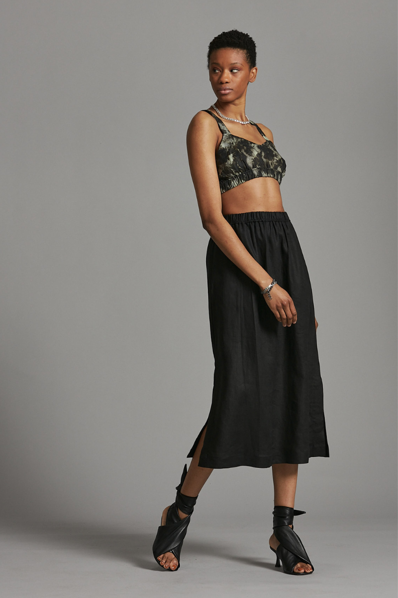 Black Connie Linen Midi Skirt