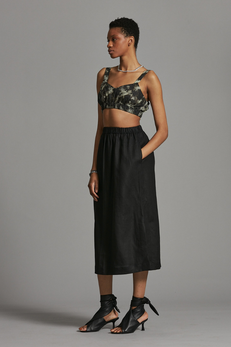 Black Connie Linen Midi Skirt