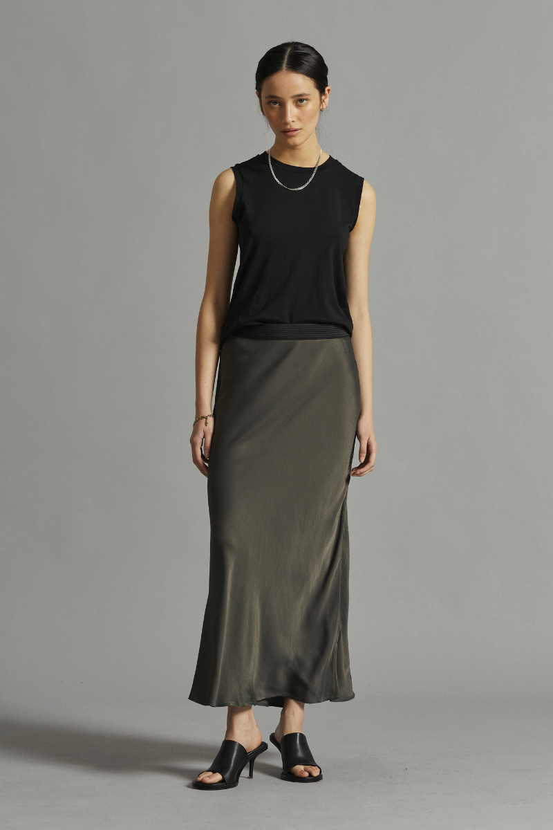 Khaki Meisa Satin Maxi Skirt