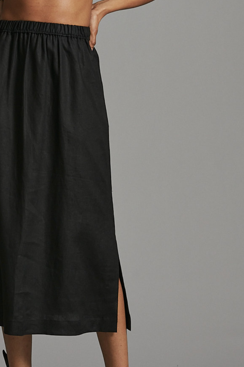 Black Connie Linen Midi Skirt