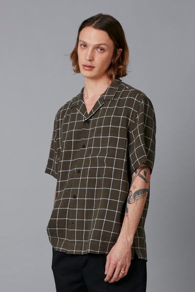 Khaki Check Yasashi Relaxed Linen Shirt