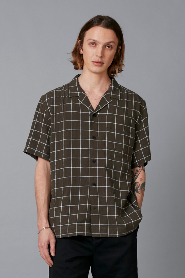 Khaki Check Yasashi Relaxed Linen Shirt